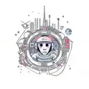 Astronaut exploring a futuristic cityscape tattoo design idea