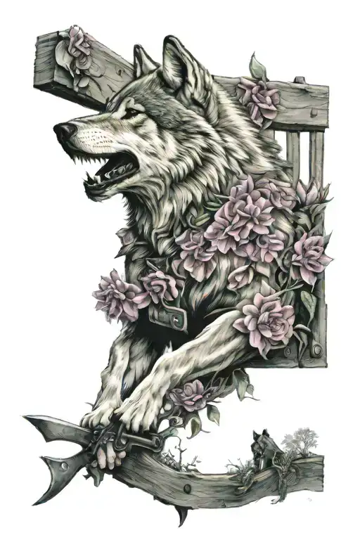 Wolf, apocalypse, flowers, fence, weapons, wilderness tattoo design idea