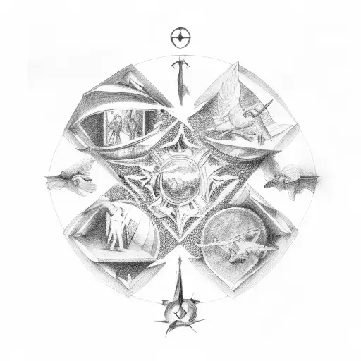 a renaissance stage with actors performing, an audience and rafters above with angels, and the heavens above them tattoo design idea