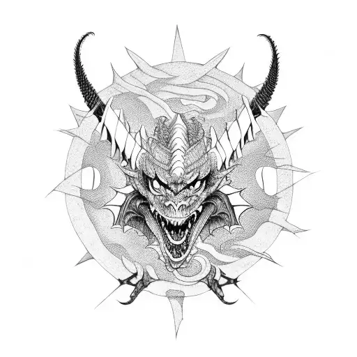 Muscular dragon samurai in a fierce fighting stance tattoo design idea
