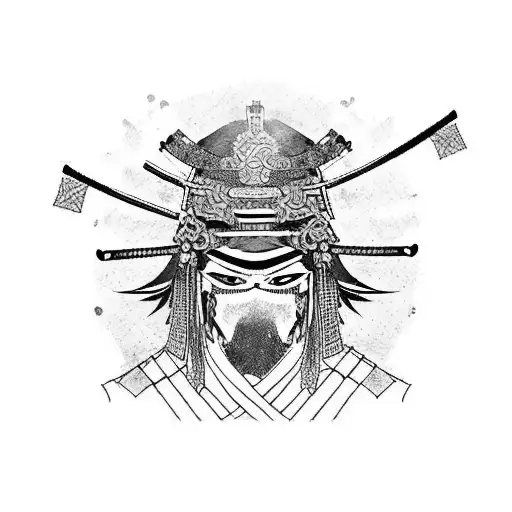 Samurai in a plague, feathered mask, full-length, with katanas and a raven on his shoulder tattoo design idea
