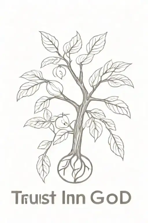 a tree with leaves and bitten apples in the tree and the wooden part says "trust in god" tattoo design idea