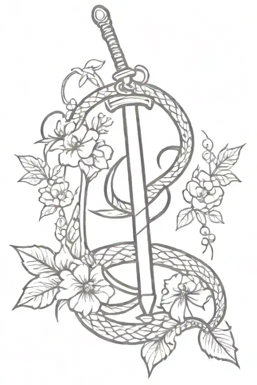 thigh tattoo with snake and a sword with a cross handle stabbing the snake and a bitten apple with flowers surrounding  tattoo design idea