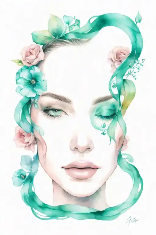 entwined with flowers face of a woman. Flowers in pink and turquoise tattoo design idea