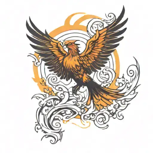 A fiery Phoenix in the rays of light in the frontal projection, with outstretched wings tattoo design idea