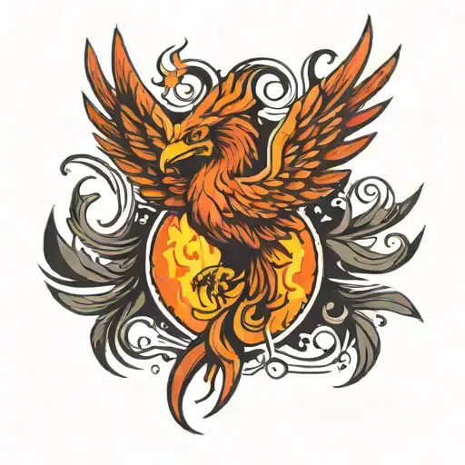 the phoenix bird is on fire, and it looks with two eyes at the camera, and its big wings are on the left and on the righ tattoo design idea