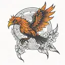 A fiery Phoenix in the rays of light in the frontal projection, with outstretched wings tattoo design idea