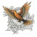 A fiery Phoenix in the rays of light in the frontal projection, with outstretched wings tattoo design idea