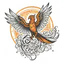 A fiery Phoenix in the rays of light in the frontal projection, with outstretched wings tattoo design idea