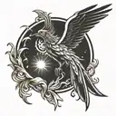  Phoenix in the rays of light in the frontal projection, with its wings open tattoo design idea