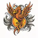the phoenix bird is on fire, and it looks with two eyes at the camera, and its big wings are on the left and on the righ tattoo design idea