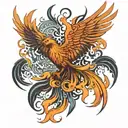 the phoenix bird is on fire, and it looks with two eyes at the camera, and its big wings are on the left and on the righ tattoo design idea