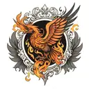 the phoenix bird is on fire, and it looks with two eyes at the camera, and its big wings are on the left and on the righ tattoo design idea