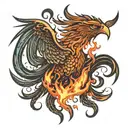 the phoenix bird is on fire, and it looks with two eyes at the camera, and its big wings are on the left and on the righ tattoo design idea