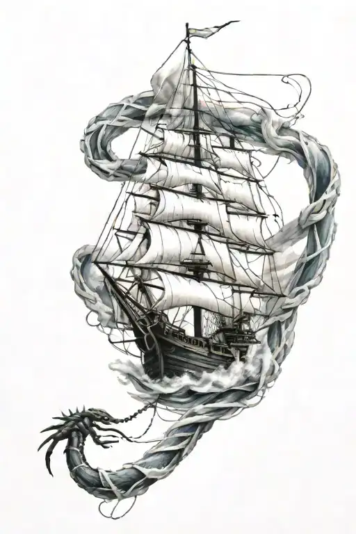 Ship on rough seas with a snake spider web hanging down the wrist tattoo design idea