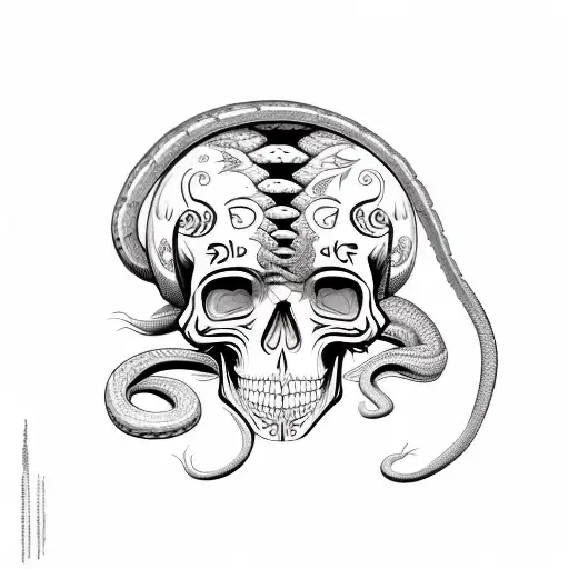 snake around skull, in the style of día de muertos, that bites it's own tail tattoo design idea