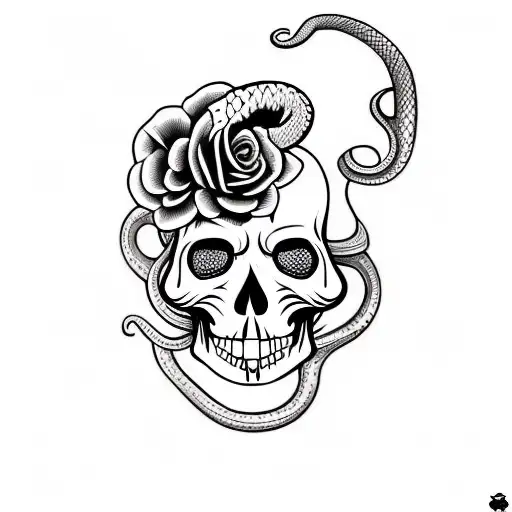 snake around skull, in the style of día de muertos, that bites it's own tail tattoo design idea