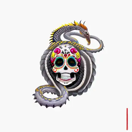 feathered snake wrapped around a skull, in the style of día de muertos, that bites it's own tail tattoo design idea