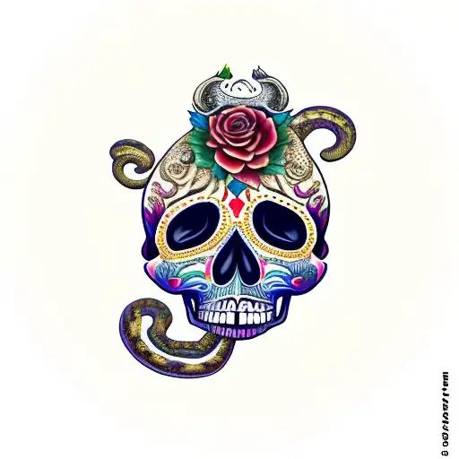 feathered snake wrapped around a skull, in the style of día de muertos, that bites it's own tail tattoo design idea