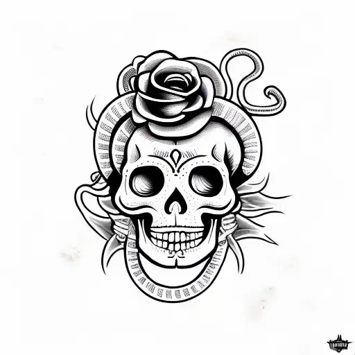 snake around skull, in the style of día de muertos, that bites it's own tail tattoo design idea