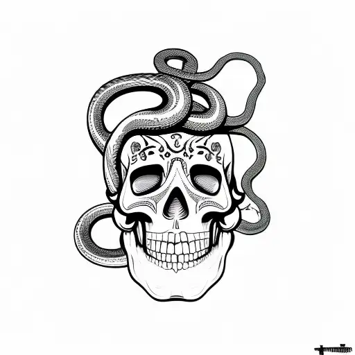 snake around skull, in the style of día de muertos, that bites it's own tail tattoo design idea