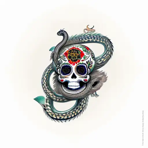 feathered snake wrapped around a skull, in the style of día de muertos, that bites it's own tail tattoo design idea