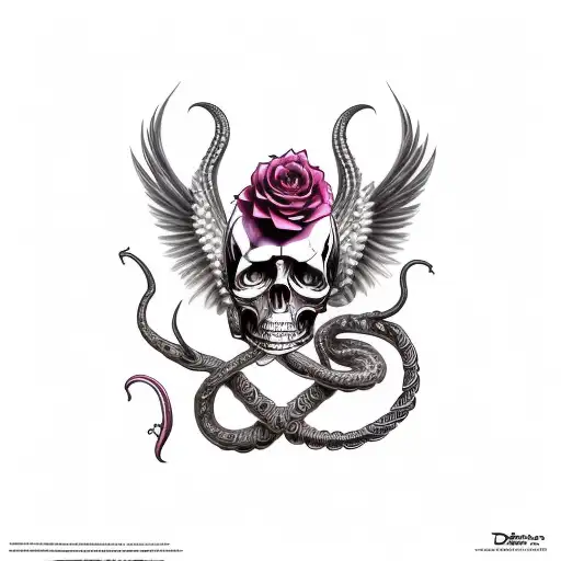 winged snake wrapped around a skull, in the style of día de muertos, that bites it's own tail tattoo design idea