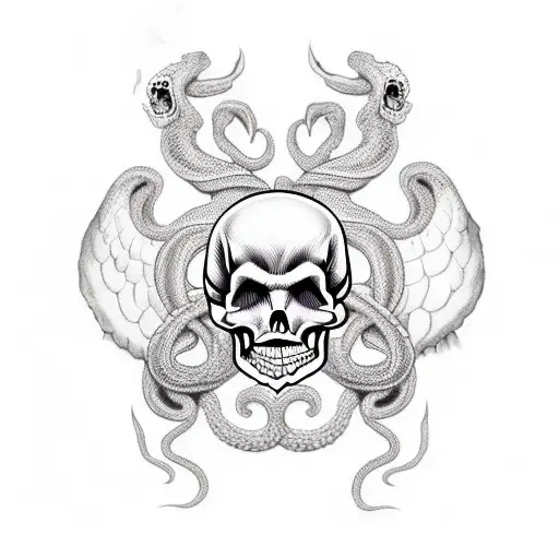 feathered snake around a skull, in the style of día de muertos, that bites it's own tail tattoo design idea
