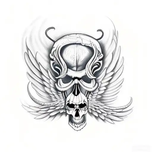 winged snake wrapped around a skull, in the style of día de muertos, that bites it's own tail tattoo design idea