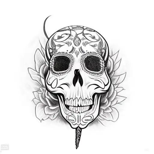 feathered snake wrapped around a skull, in the style of día de muertos, that bites it's own tail tattoo design idea