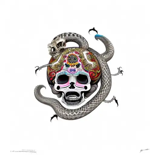 feathered snake wrapped around a skull, in the style of día de muertos, that bites it's own tail tattoo design idea