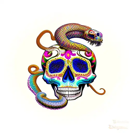 feathered snake wrapped around a skull, in the style of día de muertos, that bites it's own tail tattoo design idea