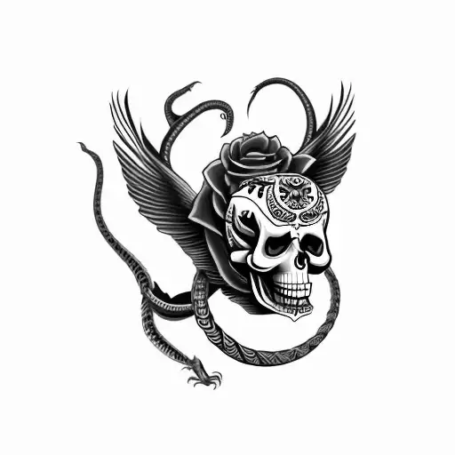 winged snake wrapped around a skull, in the style of día de muertos, that bites it's own tail tattoo design idea