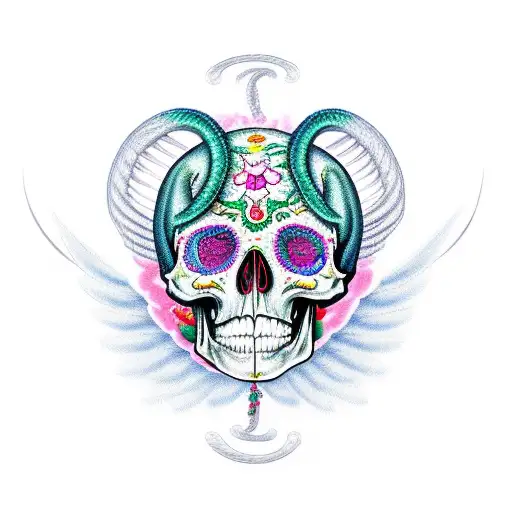 winged snake wrapped around a skull, in the style of día de muertos, that bites it's own tail tattoo design idea