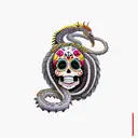 feathered snake wrapped around a skull, in the style of día de muertos, that bites it's own tail tattoo design idea