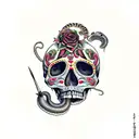 feathered snake wrapped around a skull, in the style of día de muertos, that bites it's own tail tattoo design idea