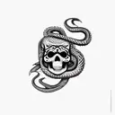 feathered snake wrapped around a skull, in the style of día de muertos, that bites it's own tail tattoo design idea