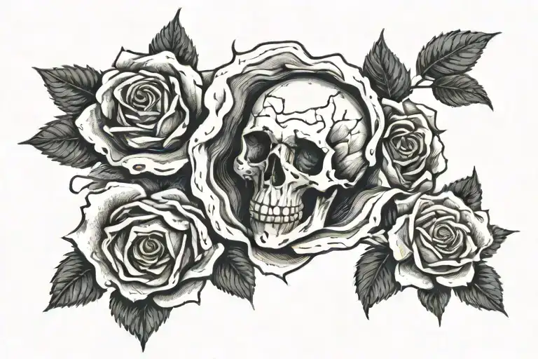 distressed rose, skull inside middle of rose, cracked skull tattoo design idea