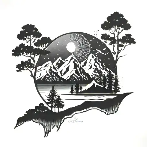 sagitarrious constallation ocean mountains trees tattoo design idea