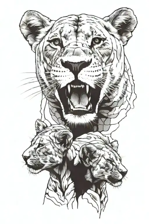 lioness behind three cubs 1 howling tattoo design idea