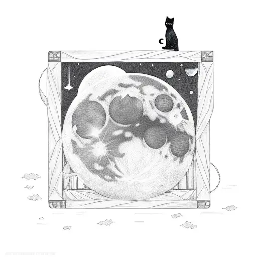 crate a black cat floating in the middle of the space and the moon as a background tattoo design idea