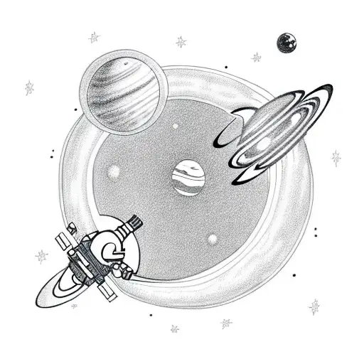 create a simple doodle art of an astronaut floating in the middle of the space with some planets and a black hole on the tattoo design idea