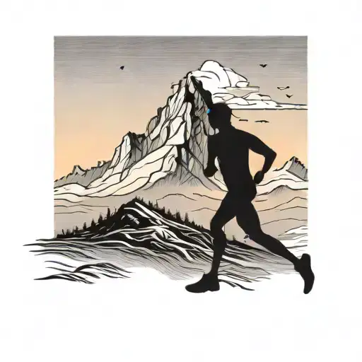 A silhouette of a person running towards a mountain landscape with a sunset in the background tattoo design idea