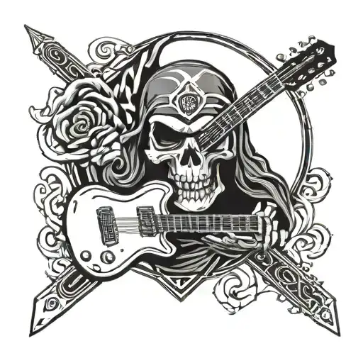 A skull wearing an Iron Maiden bandana and holding a guitar, with the Club Atletico Belgrano de Cordoba logo in the background tattoo design idea