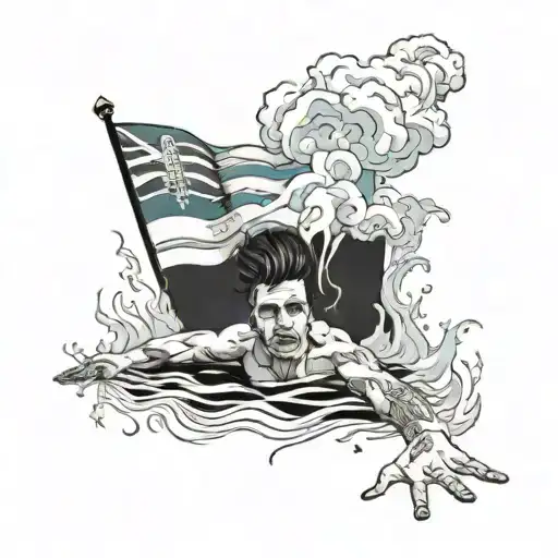 A surreal scene of a teacher swimming in a pool of smoke, with Iron Maiden lyrics floating around and the colors of the Club Atletico Belgrano de Cordoba flag tattoo design idea
