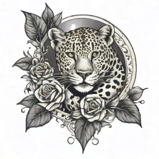 A beautiful bouquet of flowers intertwined with Tarot cards, with a leopard lounging under a full moon tattoo design idea