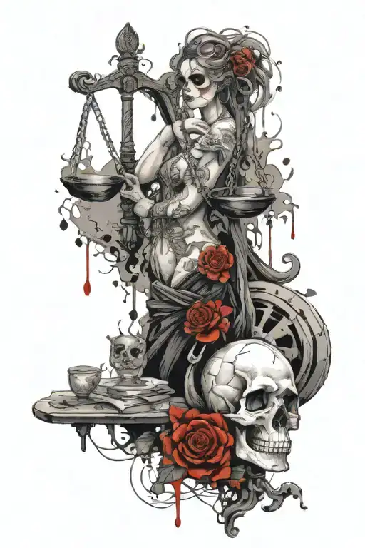 design a libra stoic tattoo with a balance one side having a skull for momento mori and one side a heart for amor fati tattoo design idea