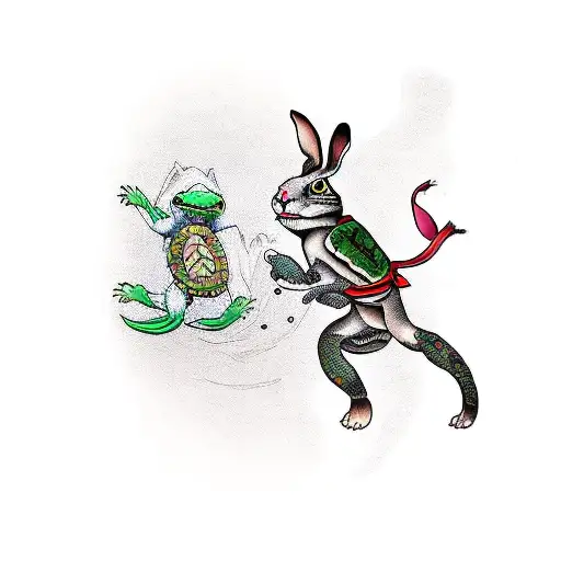 Martial Arts Turtle kicks Rabbit which flies through air, with text saying "Ninja Kick the Damn Rabbit" tattoo design idea