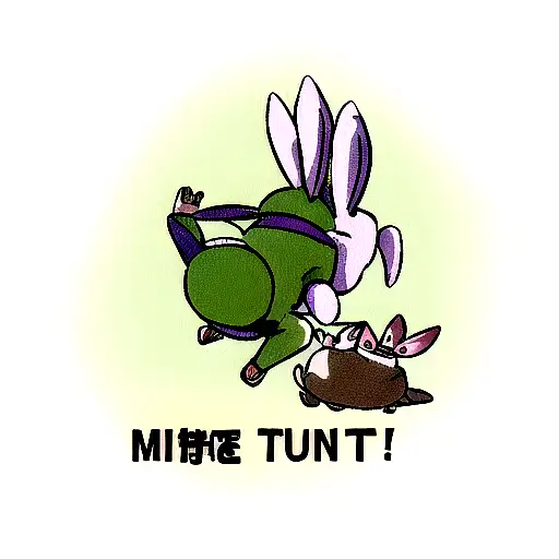 Martial Arts Turtle kicks Rabbit which flies through air, with text saying "Ninja Kick the Damn Rabbit" tattoo design idea