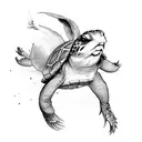 Martial Arts Turtle kicks Rabbit which flies through air, with text saying "Ninja Kick the Damn Rabbit" tattoo design idea